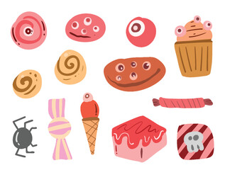 Cute hand drawn sweet Candy And Cake Halloween illustration Vector element collection