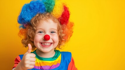 Fototapeta premium Cheerful child clown in a colorful outfit with thumbs up on a bright yellow background.