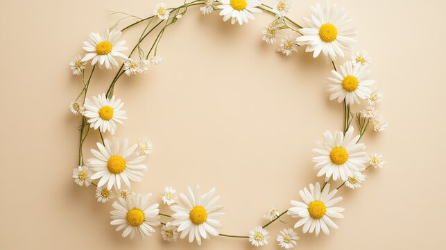 Chamomile daisies delicately form a circular frame on a soft beige backdrop, offering space for summer-related text