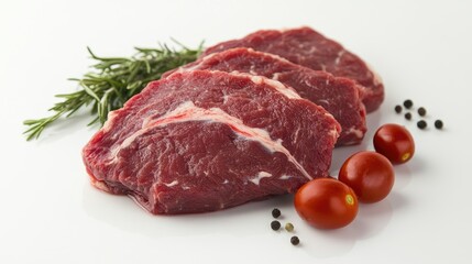 Fototapeta premium A whole cut of horse meat displayed on a white background, highlighting the quality and freshness of the meat, ideal for specialty butchery concepts.