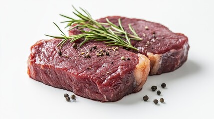 Obraz premium Fresh horse meat steak displayed on a clean white background, showcasing its rich color and texture, ideal for gourmet meal preparation or culinary visuals.