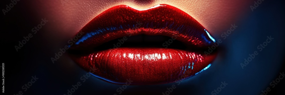 Poster close-up view of glossy lips showcasing a vibrant shiny finish under soft lighting, emphasizing beau