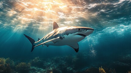 Fototapeta premium an unforgettable shark encounter in the ocean, diving with powerful predators, exploring marine wildlife in their natural habitat, an exhilarating aquatic adventure with sharks up close