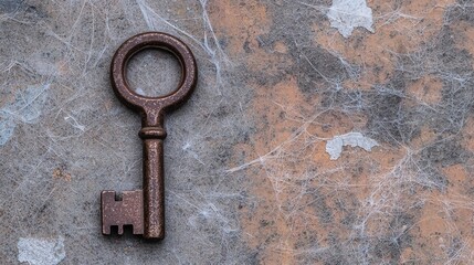 A vintage key resting on a textured surface, conveying a sense of mystery and timelessness in design.