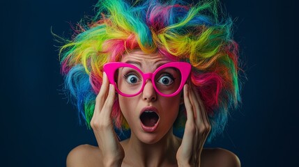 Woman with colorful wig and pink glasses showing surprise on a dark blue background.