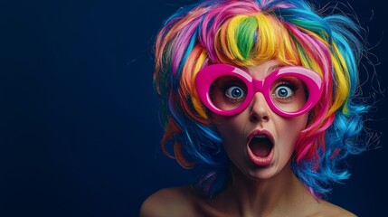 Woman with colorful wig and pink glasses showing surprise on a dark blue background.