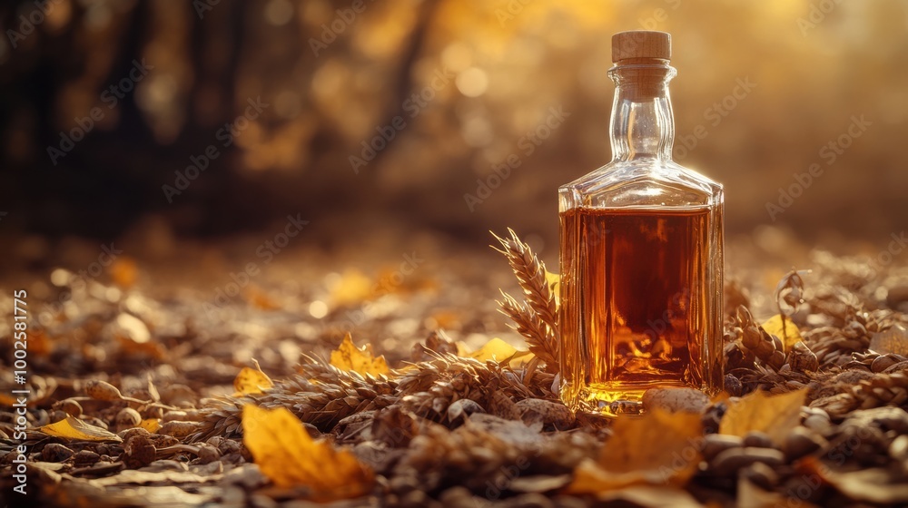 Poster Close-up of a whiskey bottle surrounded by autumn leaves and wheat in a serene forest setting during golden hour. Generative AI
