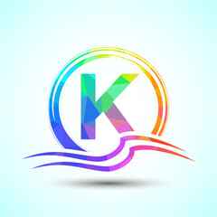Initial letter K with water ocean waves and the sun. Beach logo design concept