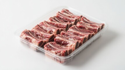 Fototapeta premium Packaged lamb ribs in a plastic tray, arranged on a white background, perfect for retail display or gourmet meal planning.
