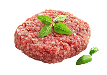 Fresh raw ground beef patty on a clean white background ready for cooking