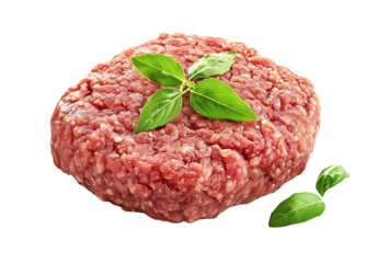 Fresh raw ground beef patty on a clean white background ready for cooking