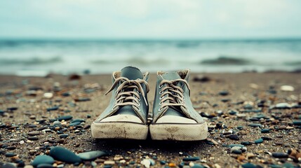 A pair of worn sneakers resting on a sandy beach with the ocean in the background, capturing a sense of relaxation and adventure.