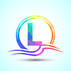 Initial letter L with water ocean waves and the sun. Beach logo design concept