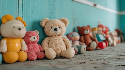 A charming collection of colorful stuffed toys arranged neatly, evoking nostalgia and warmth in an inviting setting.