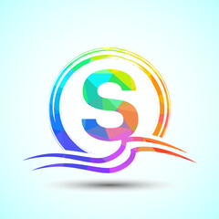 Initial letter S with water ocean waves and the sun. Beach logo design concept