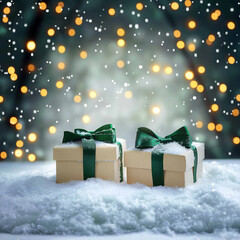 Holiday gift boxes, with glowing garlands, on snow, banner.   AI generation.