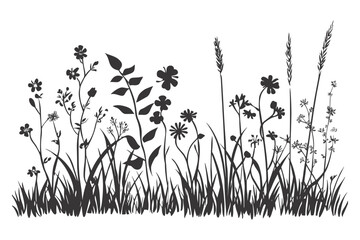 Silhouette of Flowers and Grass Vector