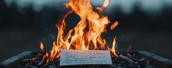 Obraz premium A vibrant flame dances above a piece of paper, creating a dramatic scene of fire and destruction in a dark setting.