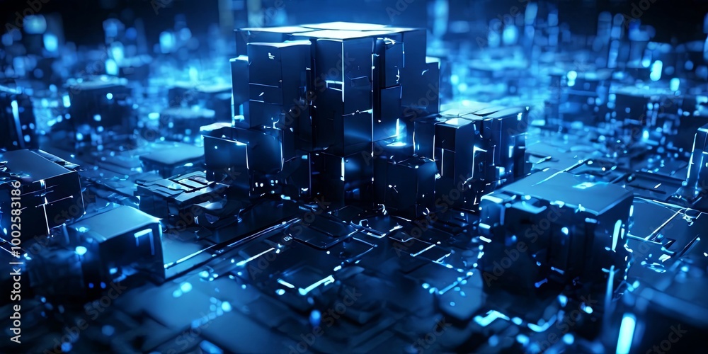 Poster a blue cityscape with a large cube in the middle