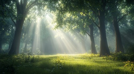 A tranquil forest at dawn, shrouded in mist