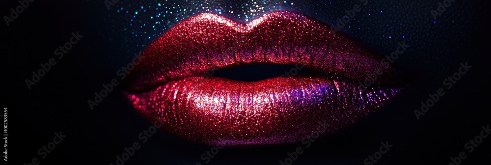 Poster glossy lips with a vibrant, shiny finish captured in close-up under dramatic lighting to highlight b
