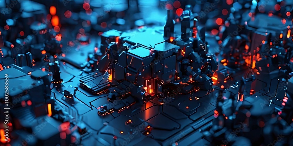 Poster a computer chip with a blue background and orange lights