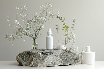 Vase with gypsophila flowers and Easter eggs on white background