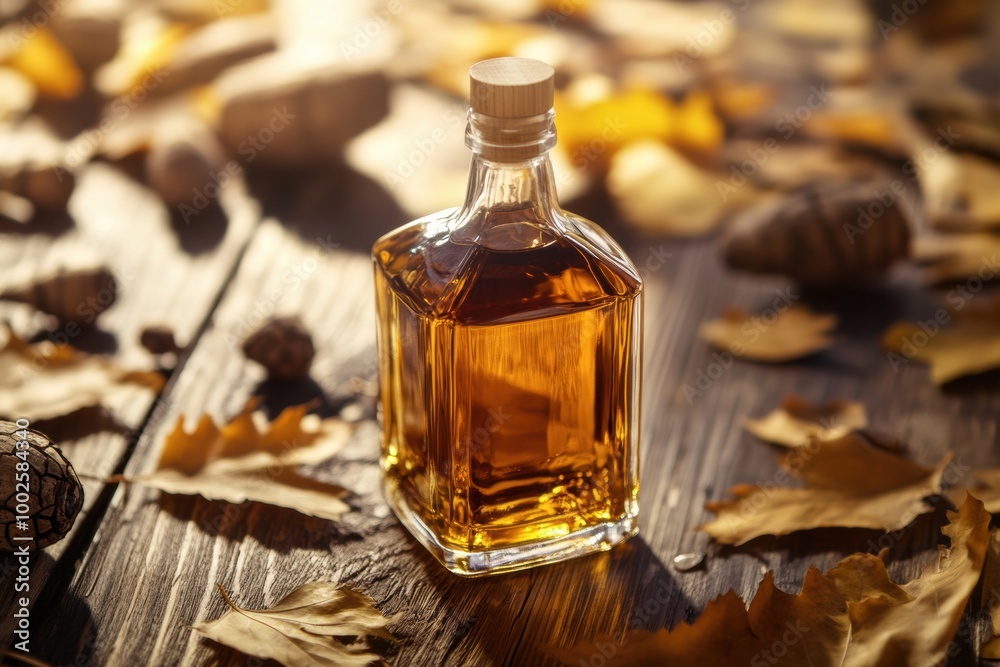 Poster a close-up of a whiskey bottle resting on rustic wooden surface surrounded by autumn leaves in soft,