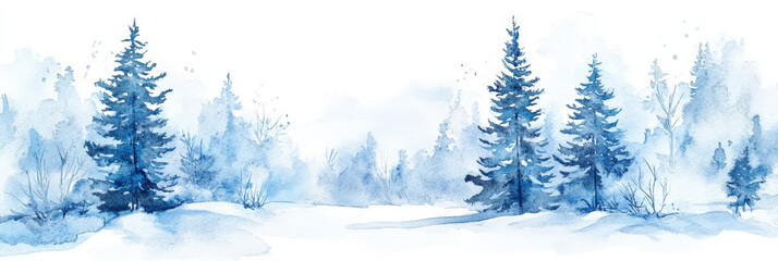 Watercolor painting showcasing a serene winter forest landscape with snow-covered ground and majestic evergreen trees