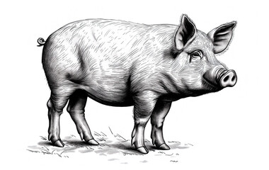 Pig, hog, boar. Vintage retro print, black white pig sketch ink pencil style drawing, linear drawing, engrave old school. Sketch artwork silhouette pig, hog, boar. Side view profile. Illustration