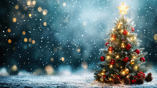 Christmas Tree with Golden Star and Sparkling Bokeh (christmas-tree)