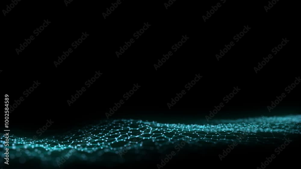 Poster Abstract wave with blue light on black background. Science background with moving dots. Network connection technology. Digital structure with particles. 3d rendering.
