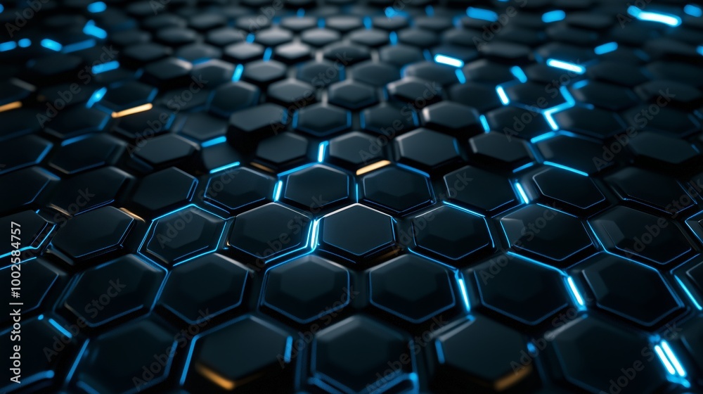Poster high-tech hexagonal pattern illuminated by blue luminescent lines creates a futuristic surface desig