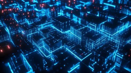 Abstract digital cityscape with glowing blue blocks representing buildings and network connections