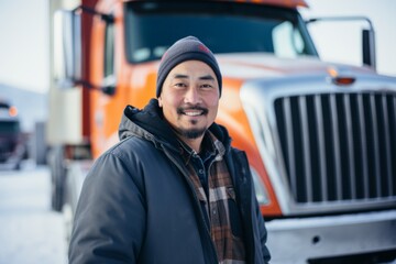 Smiling portrait of a middle aged Asian male truck driver