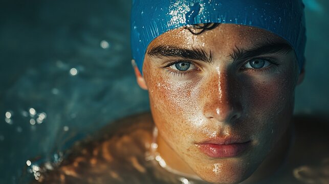 young male swimmer in a pool, wearing a blue cap, training for competition and fitness, showcasing endurance and strength in water, perfect for aquatic sports and swimming exercises