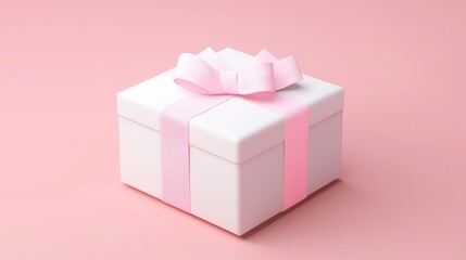 Fototapeta premium A beautiful white gift box adorned with a pink ribbon and bow, set against a soft pink background, perfect for celebrations.