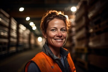 Fototapeta premium Portrait of a smiling middle aged female warehouse worker