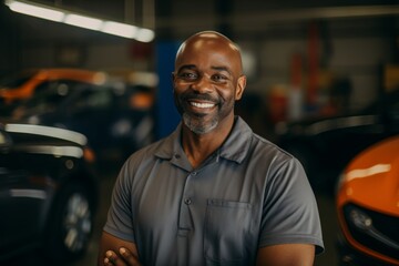 Smiling portrait of a middle aged African American car mechanic in workshop