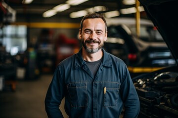 Obraz premium Smiling portrait of a middle aged Caucasian car mechanic in workshop