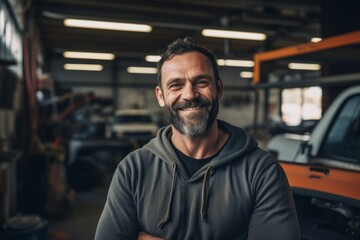 Obraz premium Smiling portrait of a middle aged Caucasian car mechanic in workshop
