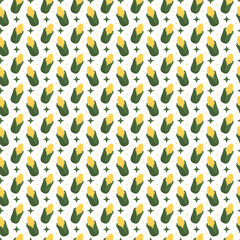 Seamless pattern corn Vegetable banner. Yellow Ripe corncobs with green leaves seamless pattern