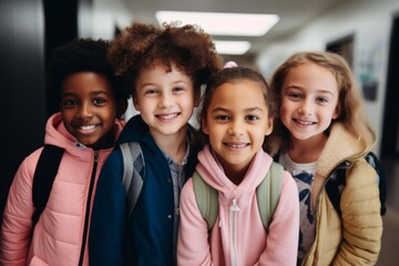 Obraz premium Portrait of a smiling group of young students kids in school hallway