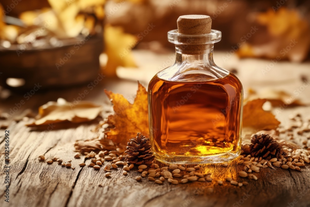 Poster a close-up of a whiskey bottle surrounded by autumn leaves and pine cones on a rustic wooden table. 