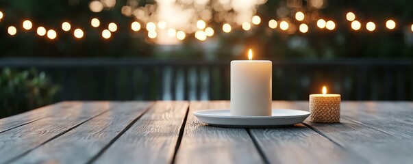 Elegant candles on a wooden table, glowing softly against a backdrop of warm lights, perfect for creating a cozy atmosphere.