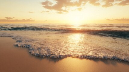 Fototapeta premium Golden beach at twilight, clear waves washing ashore