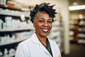 Obraz premium Smiling portrait of a middle aged African American female pharmacist in pharmacy
