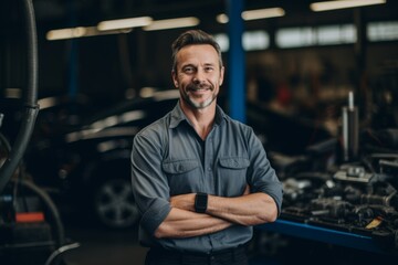 Smiling portrait of a middle aged Caucasian car mechanic in workshop