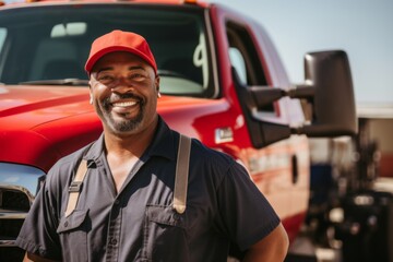 Smiling portrait of a middle aged African American male truck driver