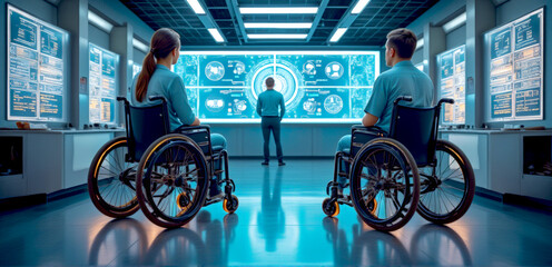 Two individuals in wheelchairs analyzing data on screens in a high-tech control room. The futuristic setting focuses on advanced technology and accessibility in work environments...